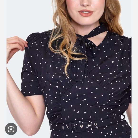 Frances heart polka dot tea dress with belt size L black and white - Picture 2 of 4